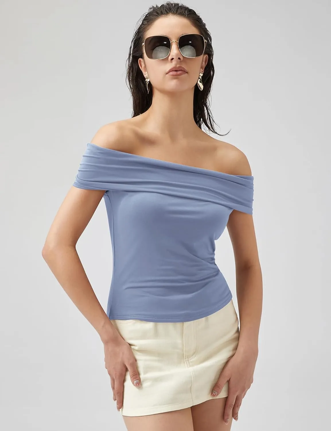 Micoson Womens Off The Shoulder Tops Boat Neck Twist Sleeveless Shirts Going Out Top Slim Fit Summer T-Shirt Y2K Clothing