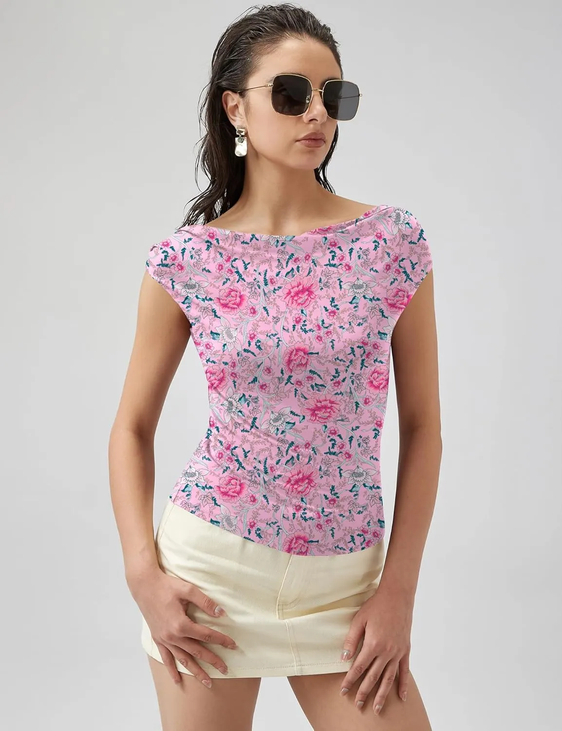 Micoson Womens Off The Shoulder Tops Boat Neck Twist Sleeveless Shirts Going Out Top Slim Fit Summer T-Shirt Y2K Clothing