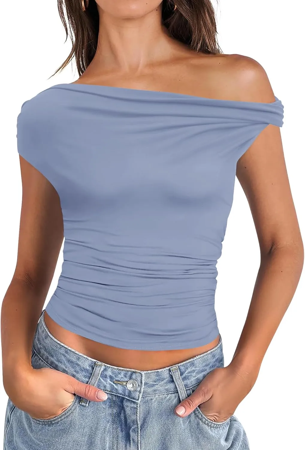 Micoson Womens Off The Shoulder Tops Boat Neck Twist Sleeveless Shirts Going Out Top Slim Fit Summer T-Shirt Y2K Clothing