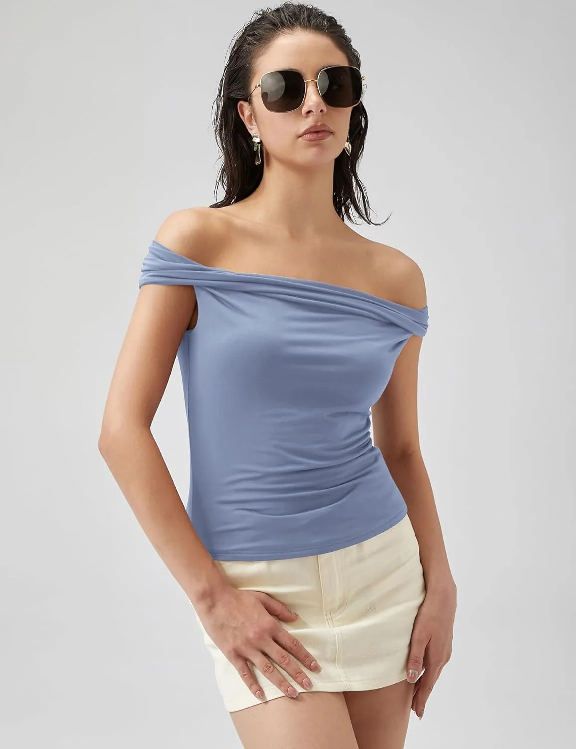 Micoson Womens Off The Shoulder Tops Boat Neck Twist Sleeveless Shirts Going Out Top Slim Fit Summer T-Shirt Y2K Clothing