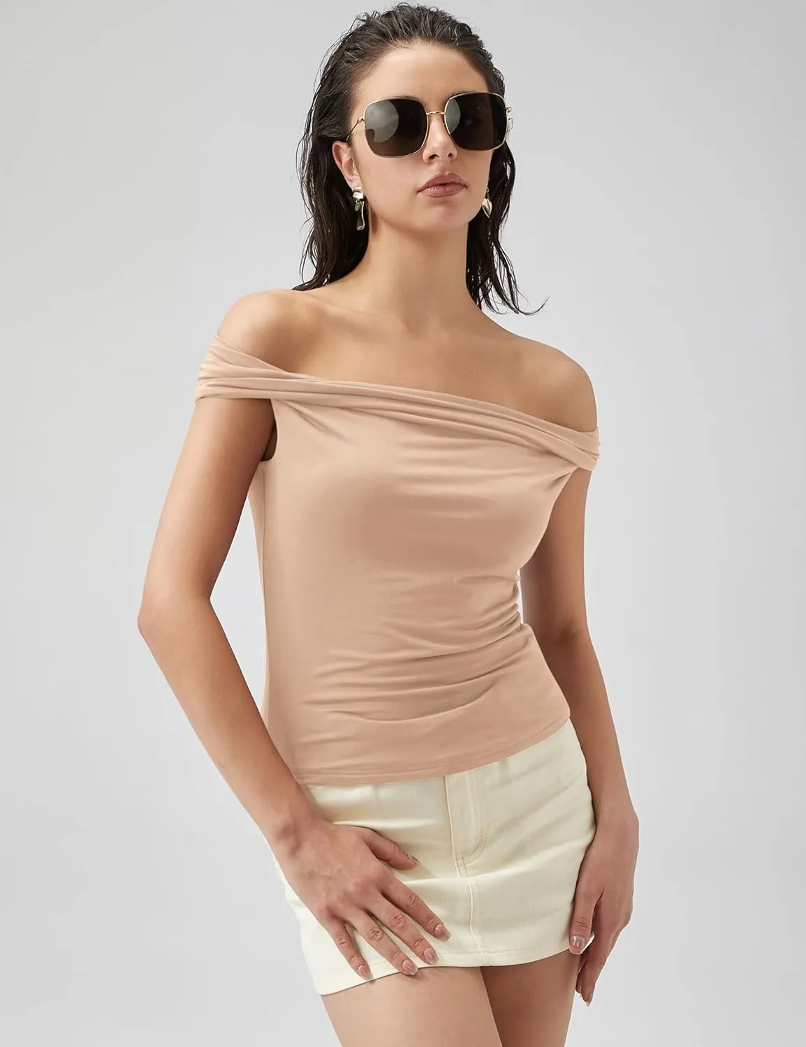 Micoson Womens Off The Shoulder Tops Boat Neck Twist Sleeveless Shirts Going Out Top Slim Fit Summer T-Shirt Y2K Clothing