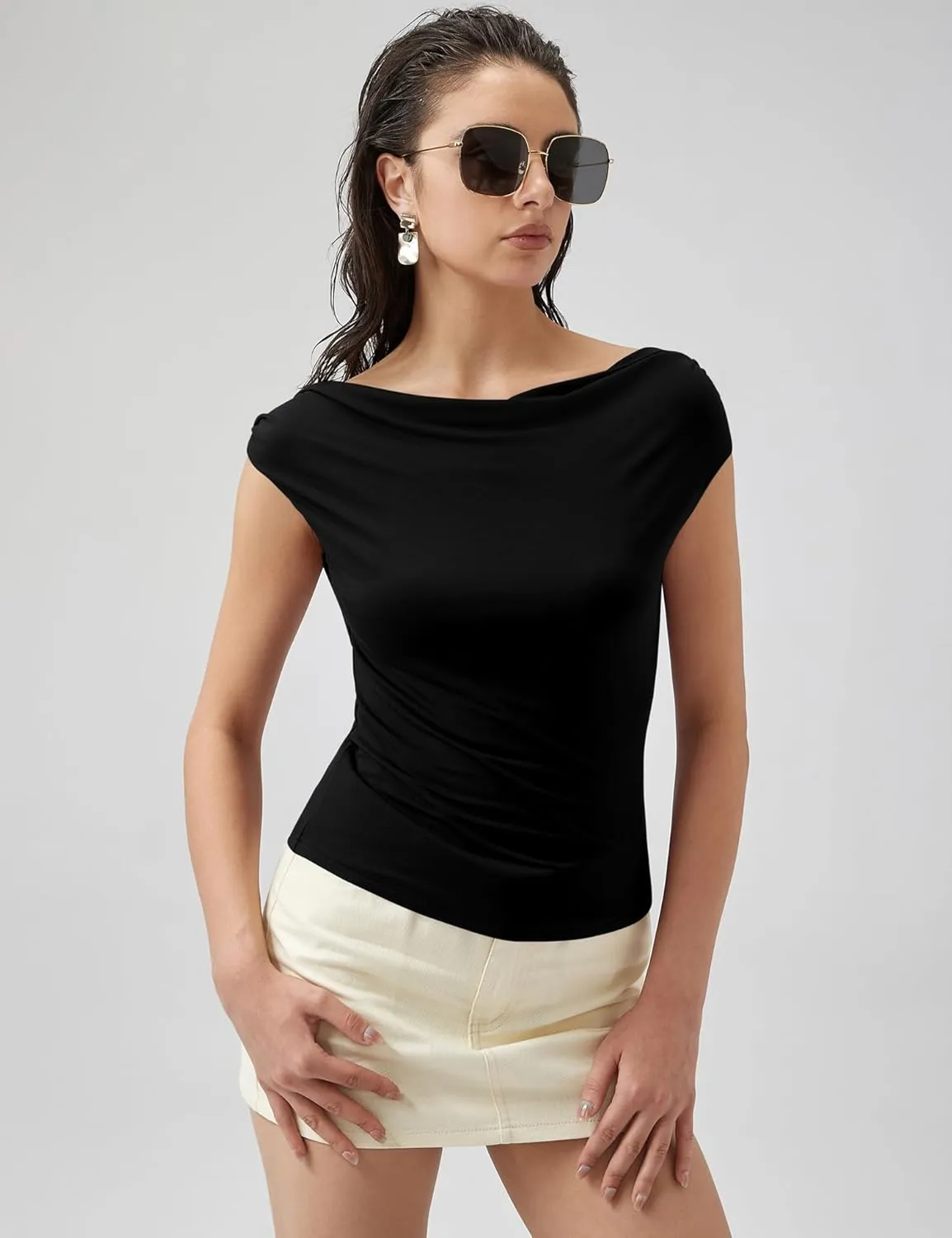 Micoson Womens Off The Shoulder Tops Boat Neck Twist Sleeveless Shirts Going Out Top Slim Fit Summer T-Shirt Y2K Clothing