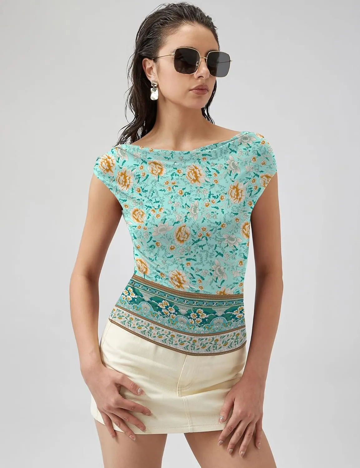 Micoson Womens Off The Shoulder Tops Boat Neck Twist Sleeveless Shirts Going Out Top Slim Fit Summer T-Shirt Y2K Clothing