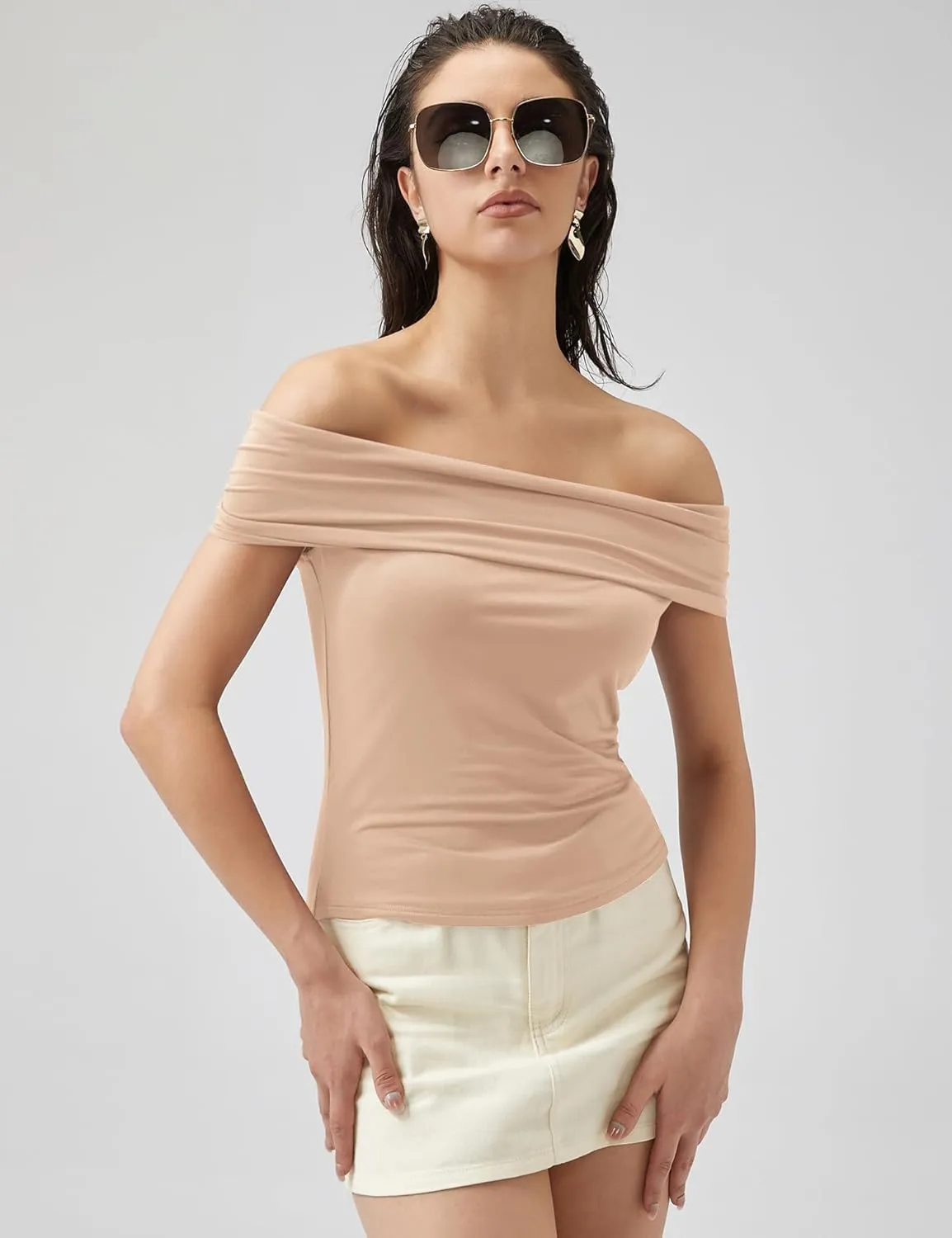 Micoson Womens Off The Shoulder Tops Boat Neck Twist Sleeveless Shirts Going Out Top Slim Fit Summer T-Shirt Y2K Clothing