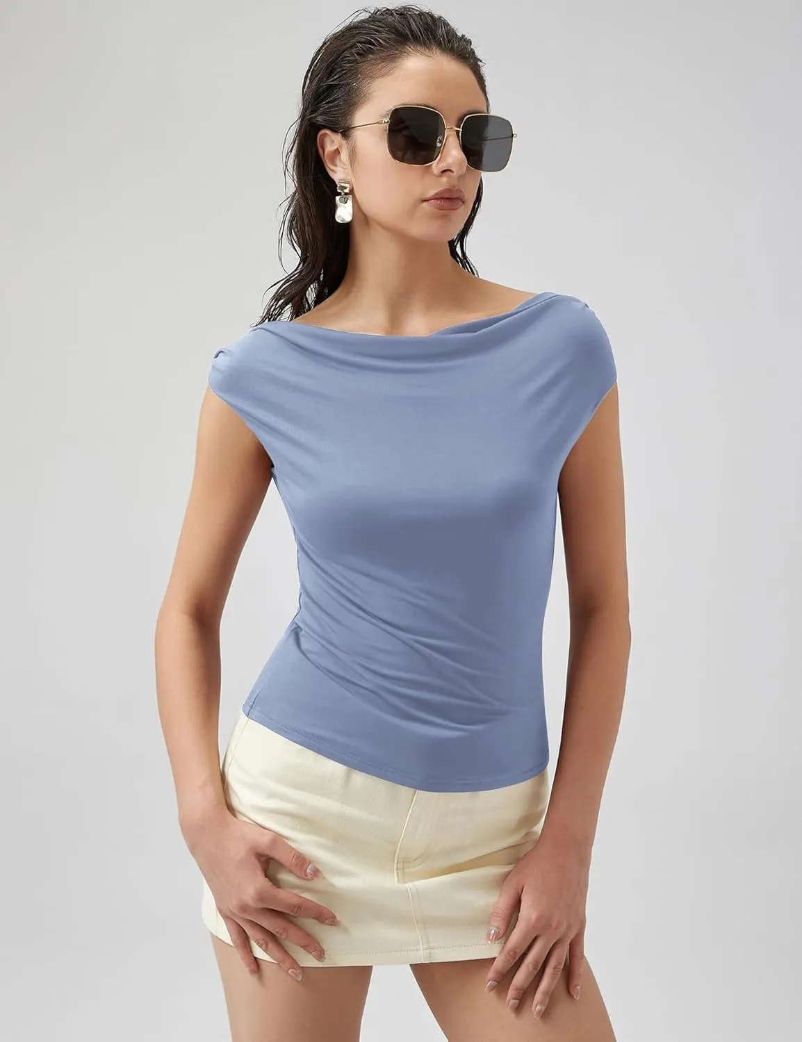 Micoson Womens Off The Shoulder Tops Boat Neck Twist Sleeveless Shirts Going Out Top Slim Fit Summer T-Shirt Y2K Clothing