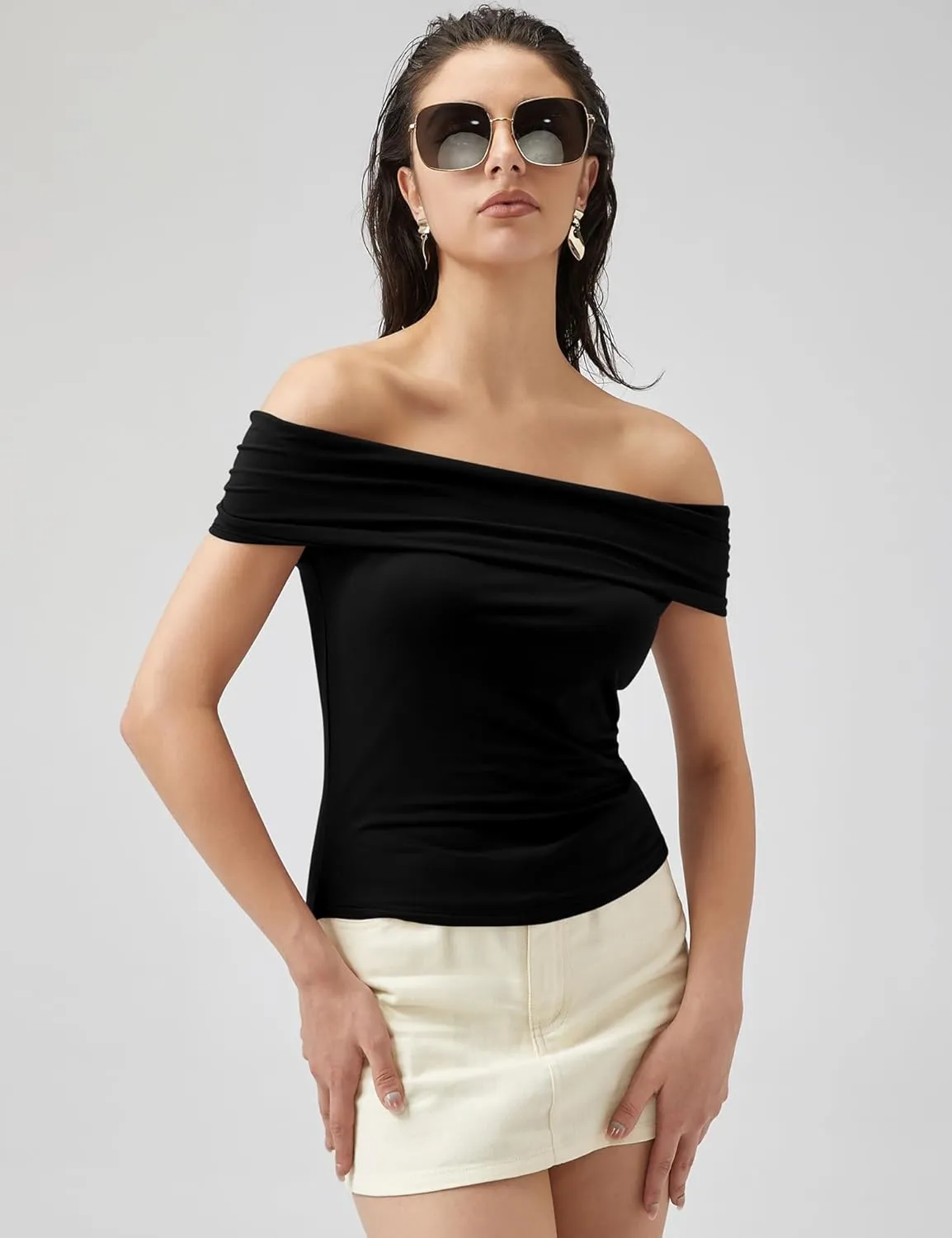 Micoson Womens Off The Shoulder Tops Boat Neck Twist Sleeveless Shirts Going Out Top Slim Fit Summer T-Shirt Y2K Clothing