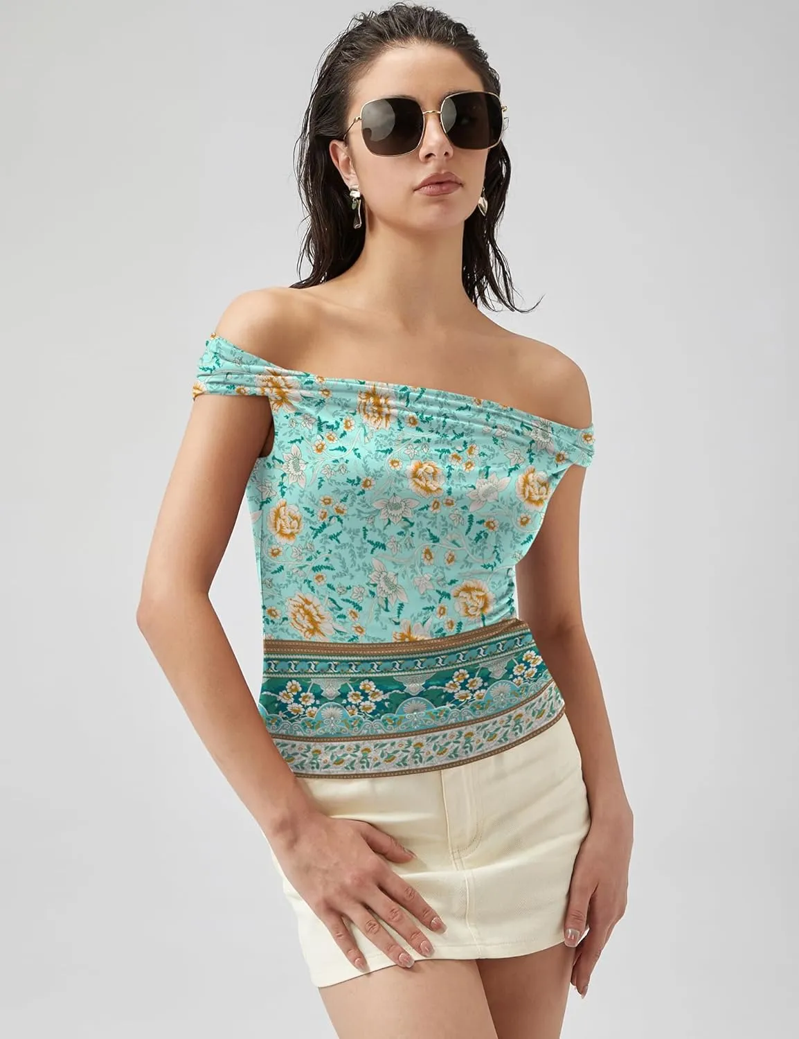 Micoson Womens Off The Shoulder Tops Boat Neck Twist Sleeveless Shirts Going Out Top Slim Fit Summer T-Shirt Y2K Clothing