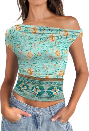 Micoson Womens Off The Shoulder Tops Boat Neck Twist Sleeveless Shirts Going Out Top Slim Fit Summer T-Shirt Y2K Clothing