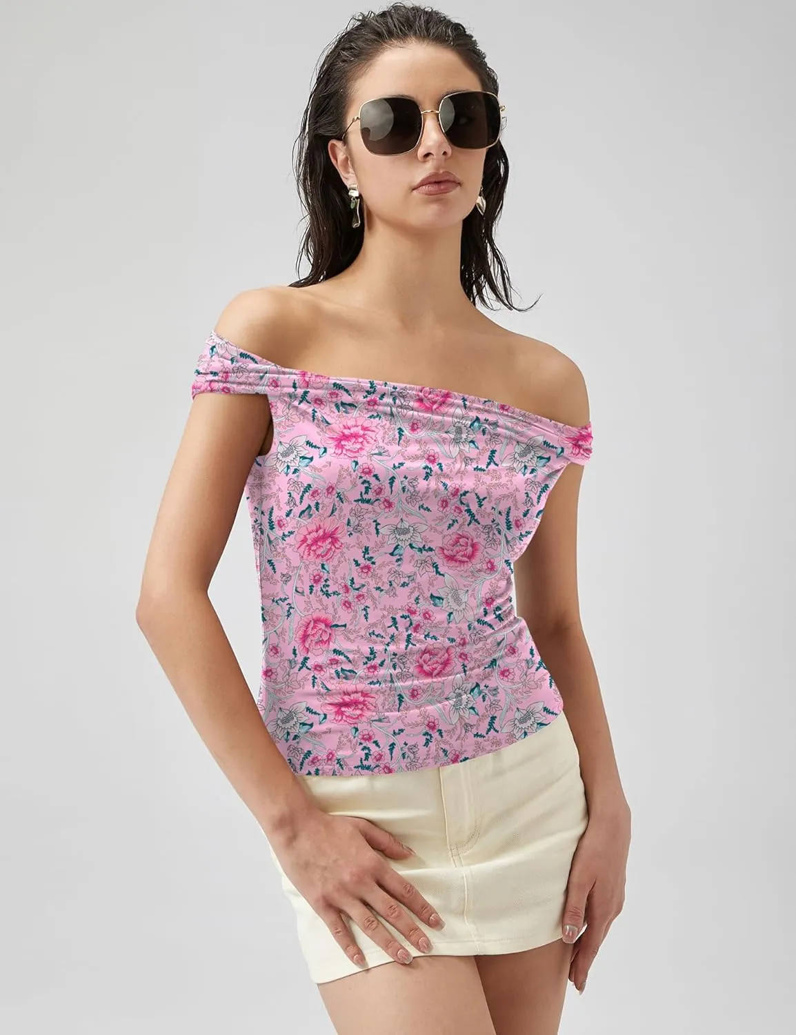 Micoson Womens Off The Shoulder Tops Boat Neck Twist Sleeveless Shirts Going Out Top Slim Fit Summer T-Shirt Y2K Clothing