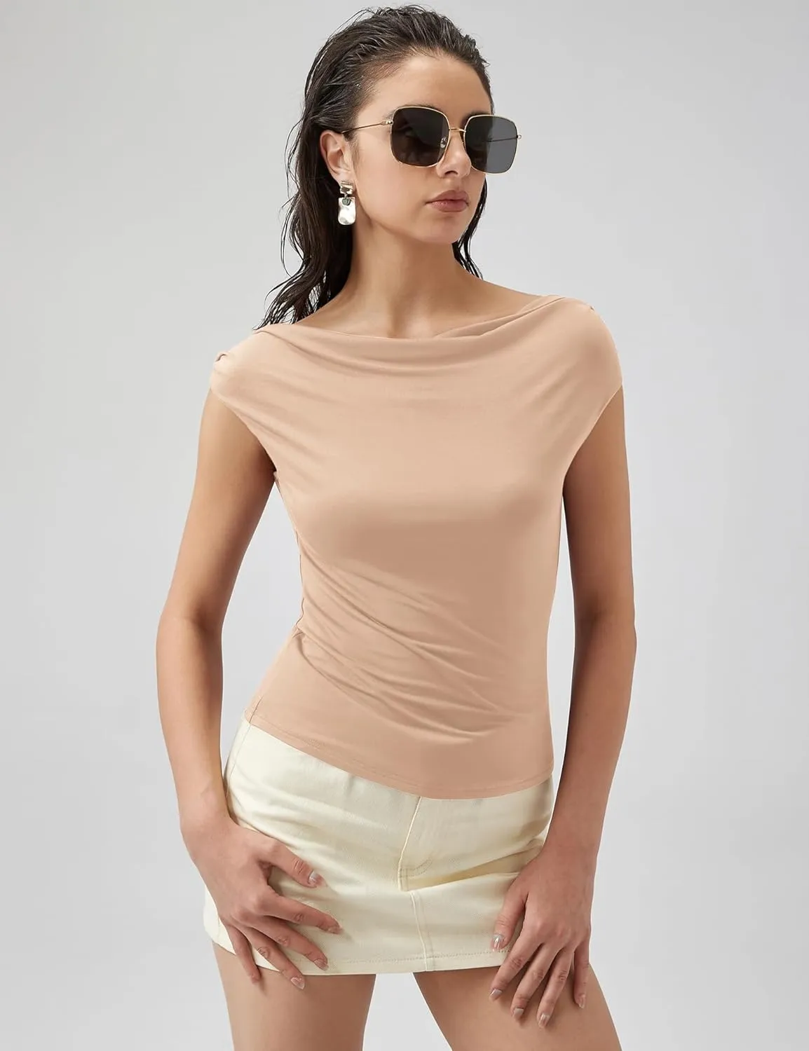 Micoson Womens Off The Shoulder Tops Boat Neck Twist Sleeveless Shirts Going Out Top Slim Fit Summer T-Shirt Y2K Clothing