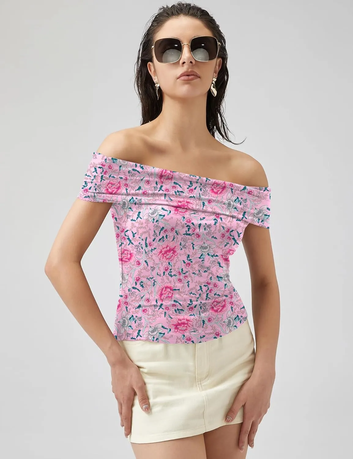 Micoson Womens Off The Shoulder Tops Boat Neck Twist Sleeveless Shirts Going Out Top Slim Fit Summer T-Shirt Y2K Clothing