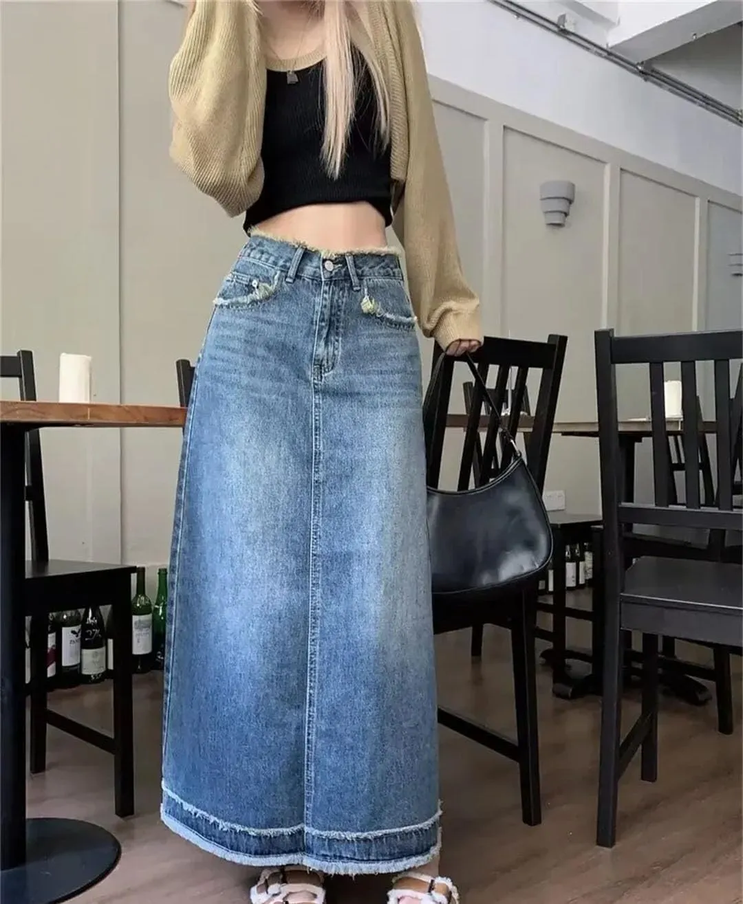 Midi Skirts Women All-Match High Waisted Denim A-Line Casual Skirts