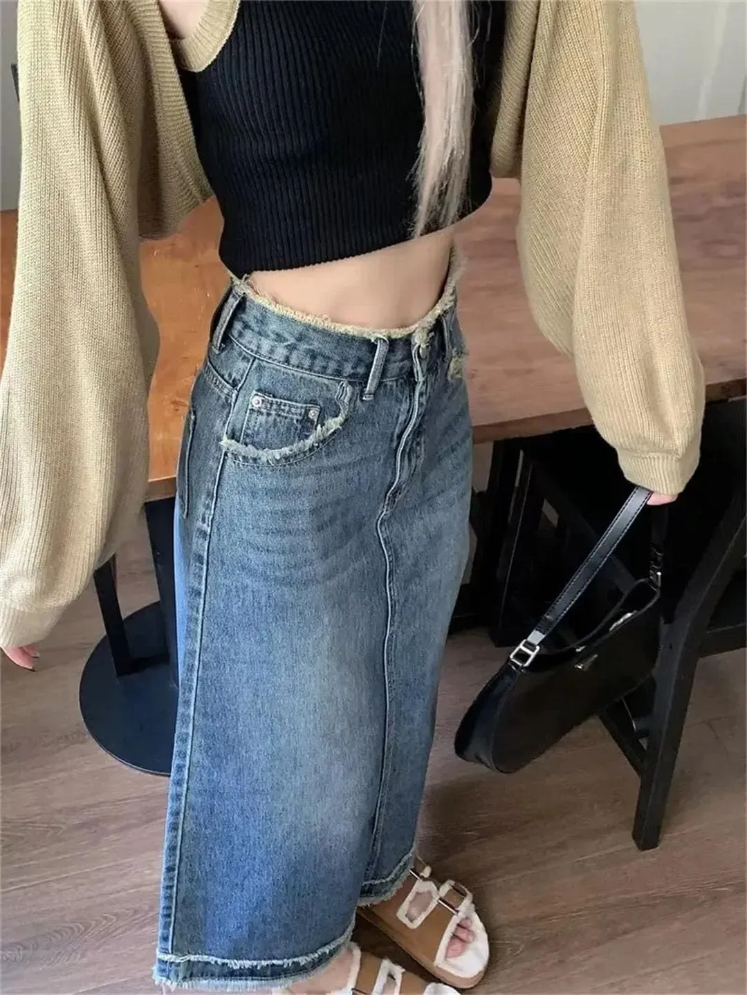 Midi Skirts Women All-Match High Waisted Denim A-Line Casual Skirts