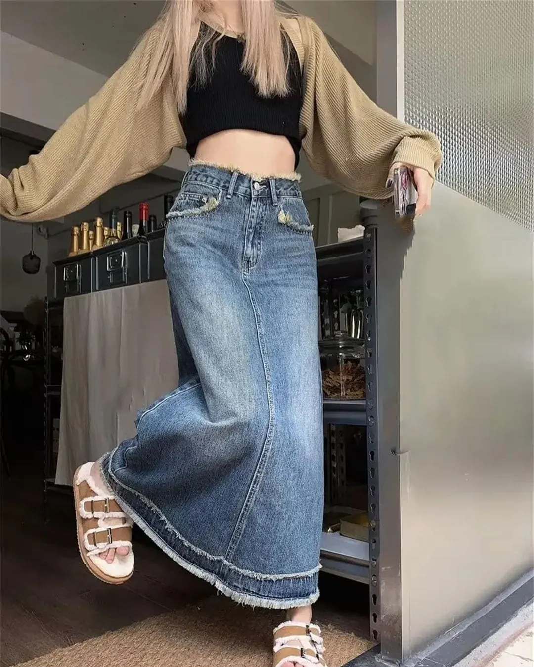 Midi Skirts Women All-Match High Waisted Denim A-Line Casual Skirts