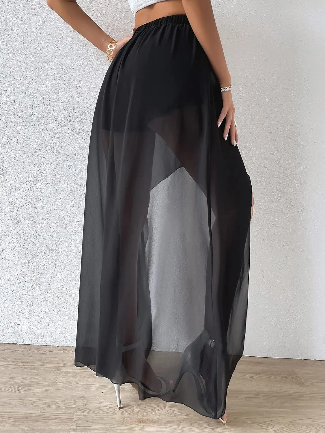 Milumia Women High Low Sheer Flowy Mesh Skirt Flare Hem Maxi Long Skirts with Built-in Shorts