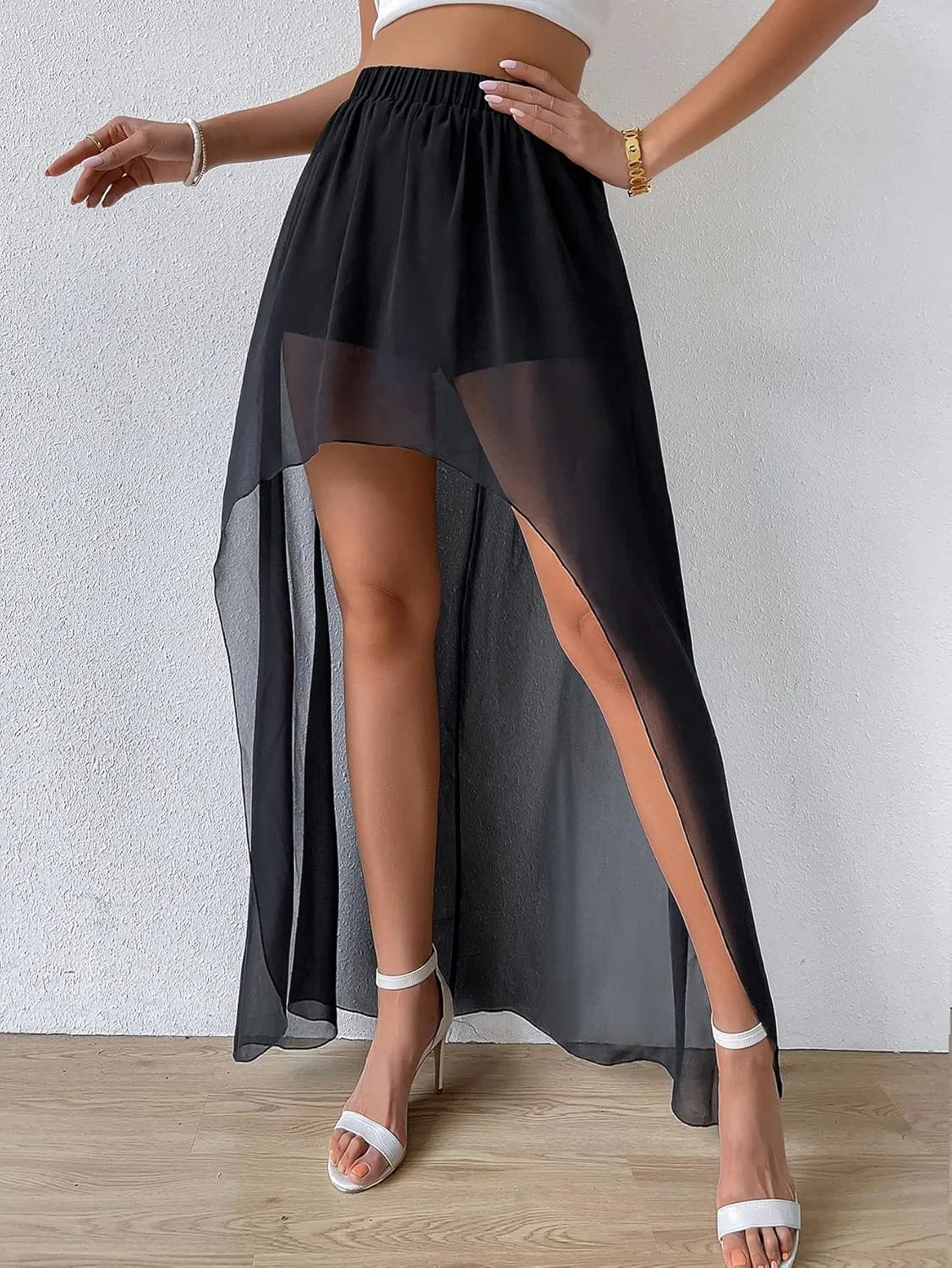 Milumia Women High Low Sheer Flowy Mesh Skirt Flare Hem Maxi Long Skirts with Built-in Shorts