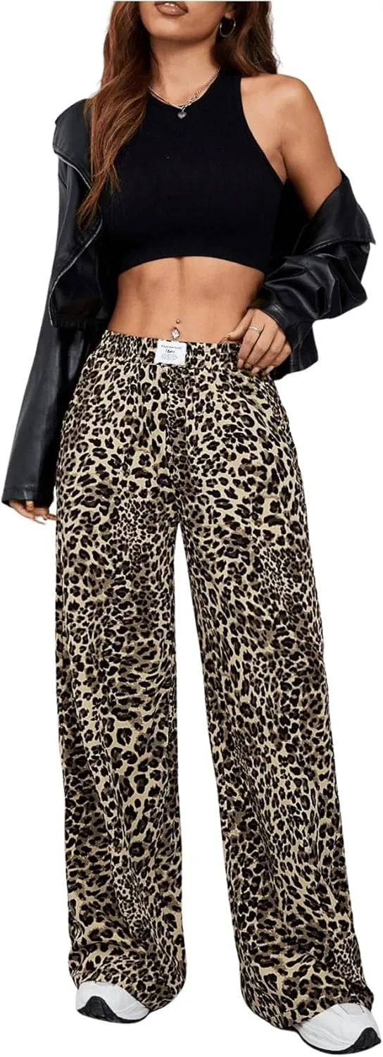 Milumia Women's Leopard Print Elastic Waisted Wide Leg Long Pants Trousers