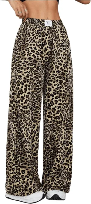 Milumia Women's Leopard Print Elastic Waisted Wide Leg Long Pants Trousers
