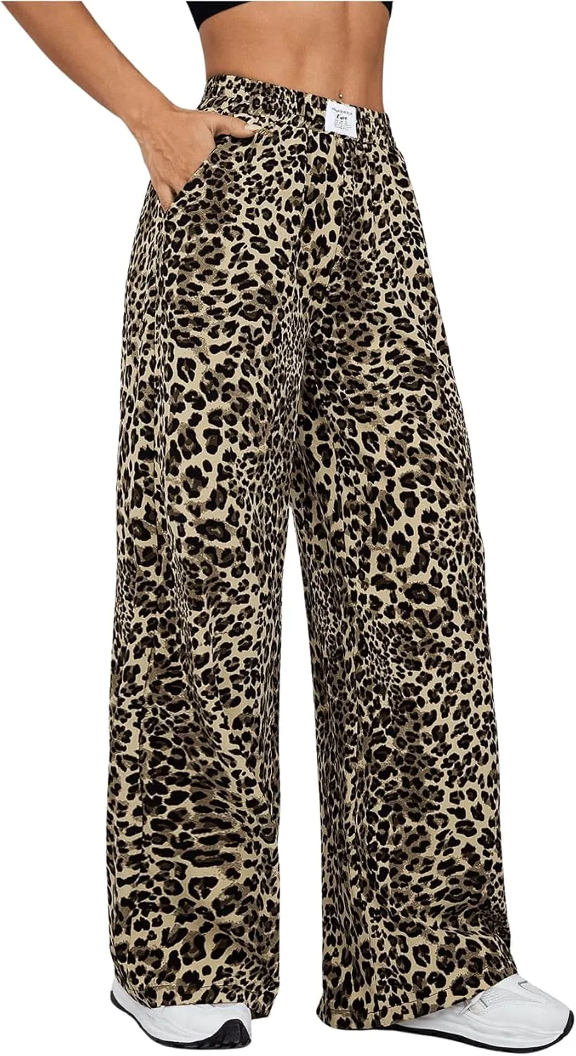 Milumia Women's Leopard Print Elastic Waisted Wide Leg Long Pants Trousers