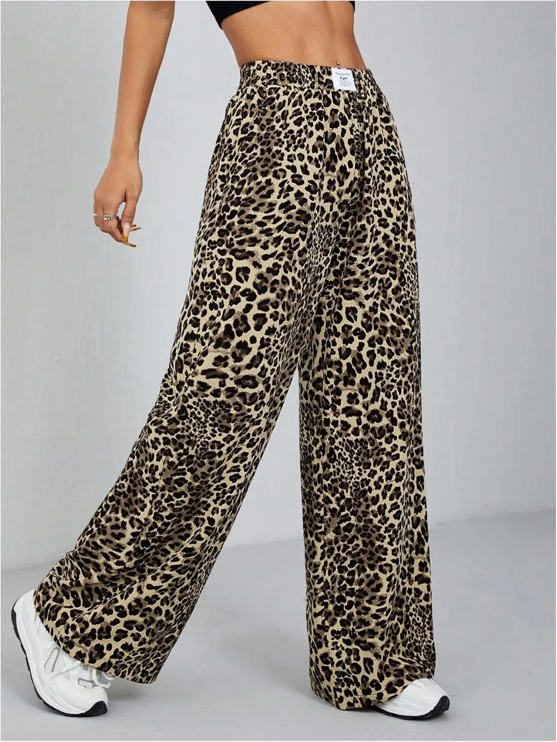 Milumia Women's Leopard Print Elastic Waisted Wide Leg Long Pants Trousers
