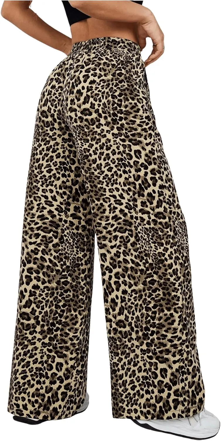 Milumia Women's Leopard Print Elastic Waisted Wide Leg Long Pants Trousers
