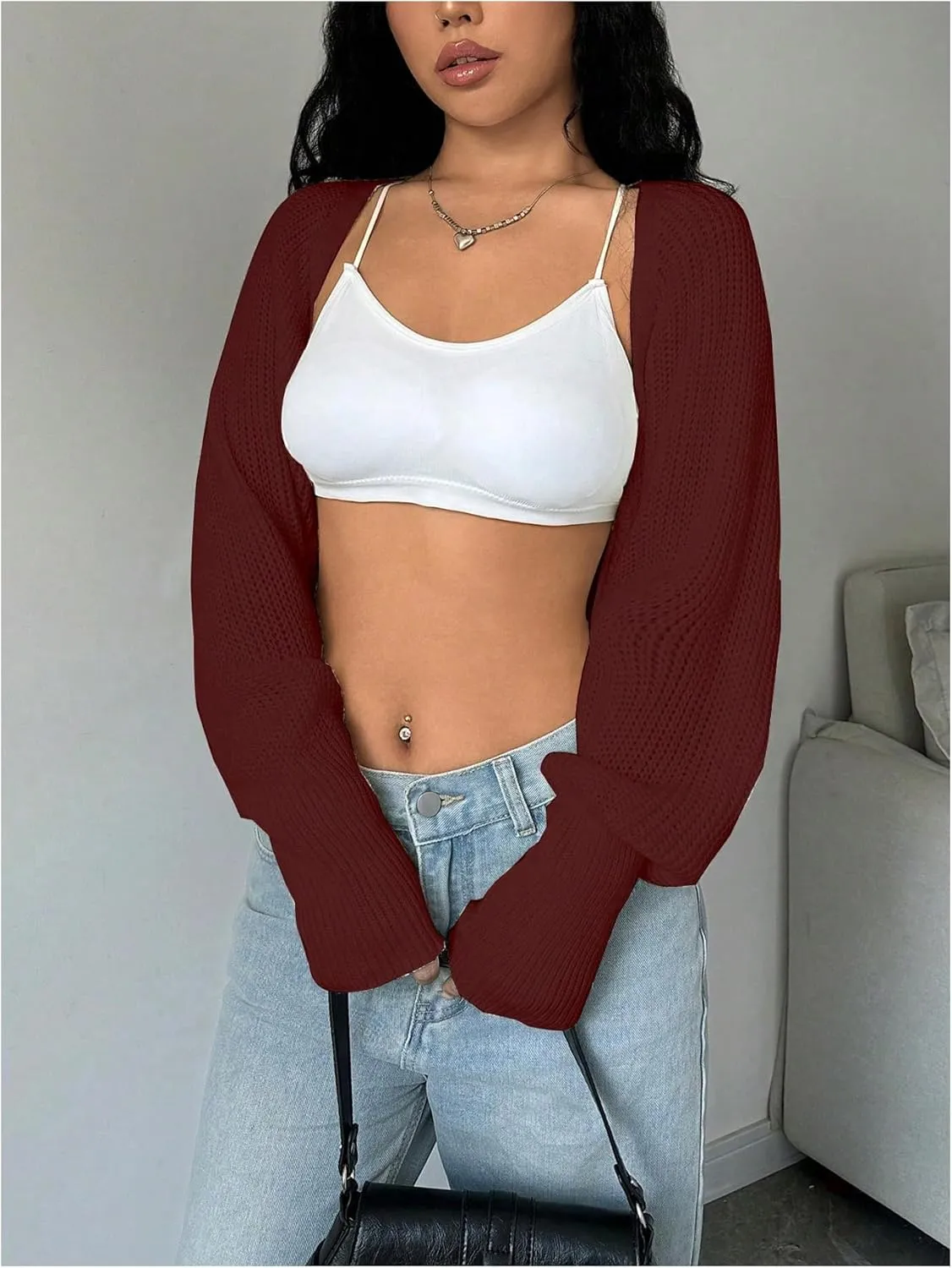 Milumia Women's Open Front Sweater Shrug Lantern Long Sleeve Crop Shoulder Cardigan