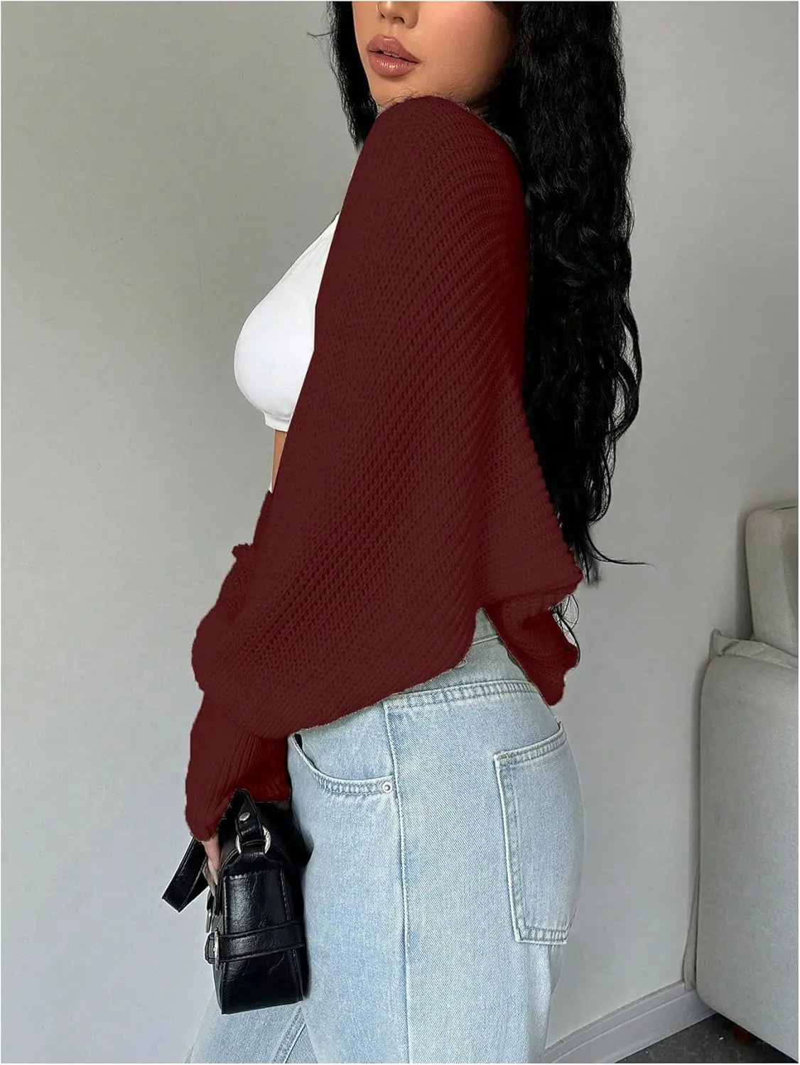 Milumia Women's Open Front Sweater Shrug Lantern Long Sleeve Crop Shoulder Cardigan