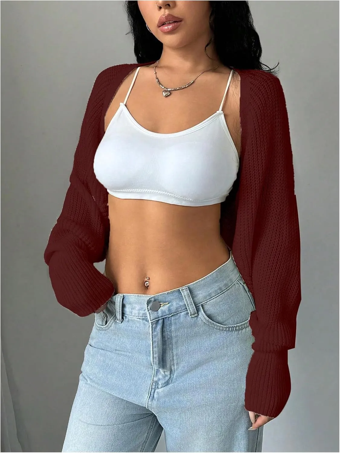 Milumia Women's Open Front Sweater Shrug Lantern Long Sleeve Crop Shoulder Cardigan