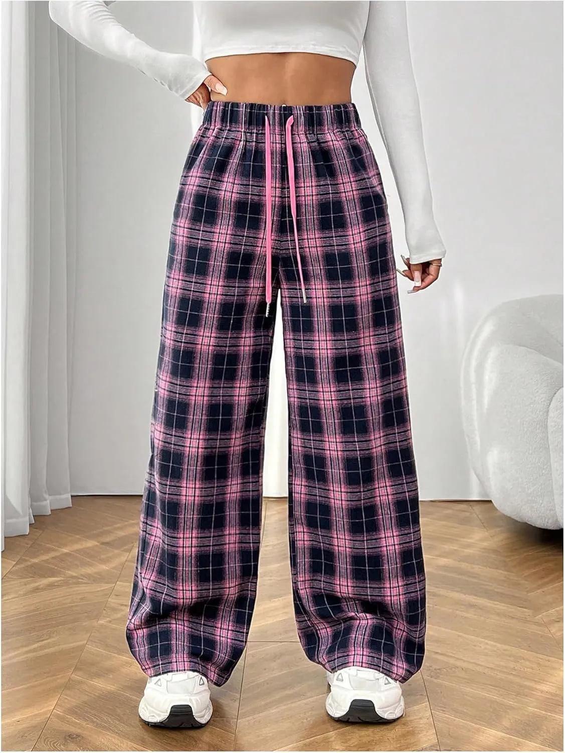Milumia Women's Plaid Print Drawstring Wide Leg Pants Loose Fit Athletic Casual Trousers