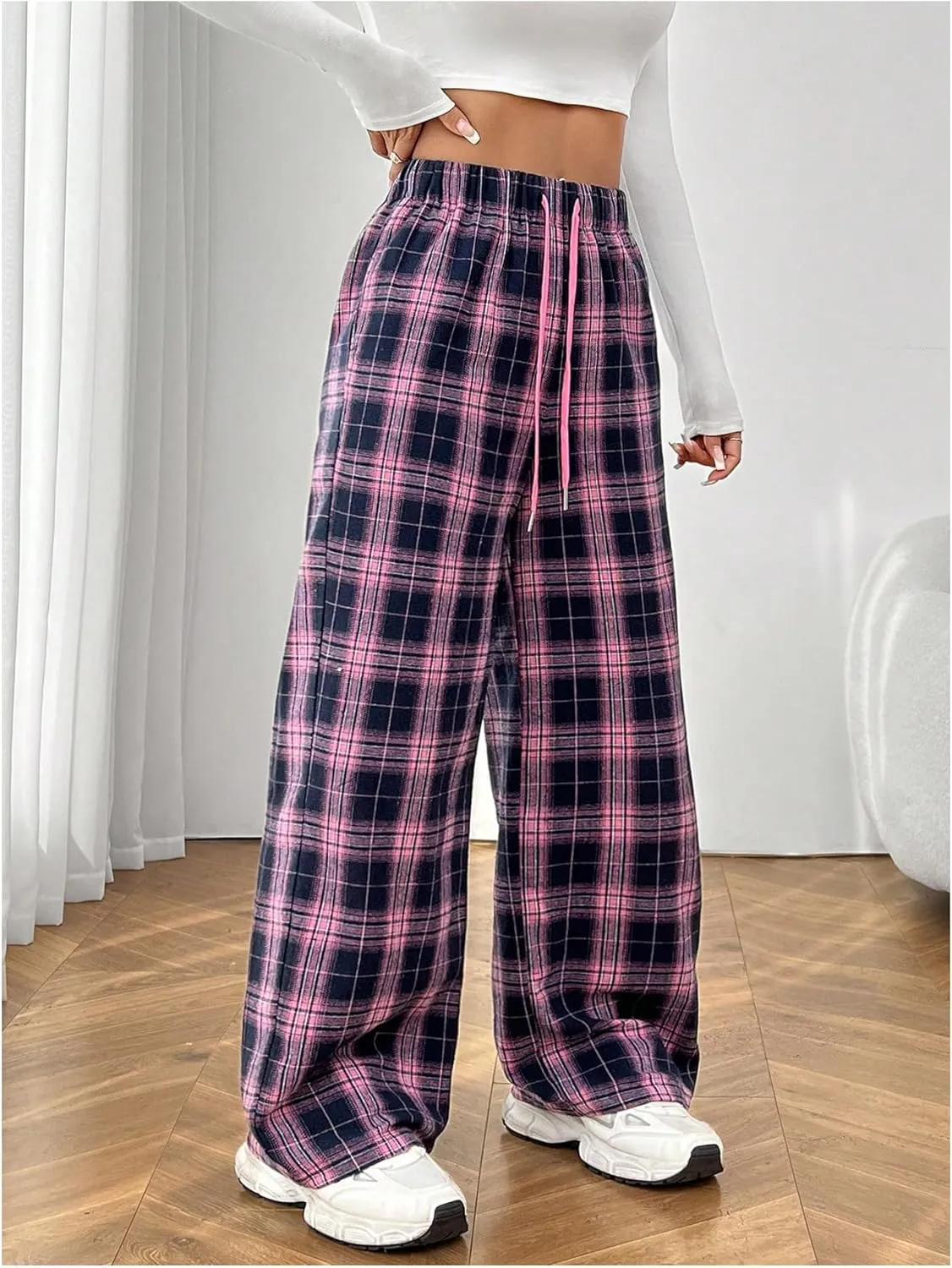 Milumia Women's Plaid Print Drawstring Wide Leg Pants Loose Fit Athletic Casual Trousers