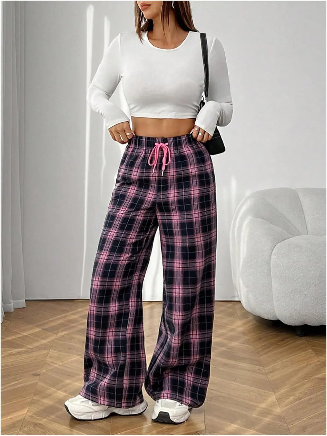 Milumia Women's Plaid Print Drawstring Wide Leg Pants Loose Fit Athletic Casual Trousers