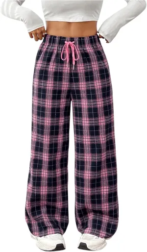 Milumia Women's Plaid Print Drawstring Wide Leg Pants Loose Fit Athletic Casual Trousers
