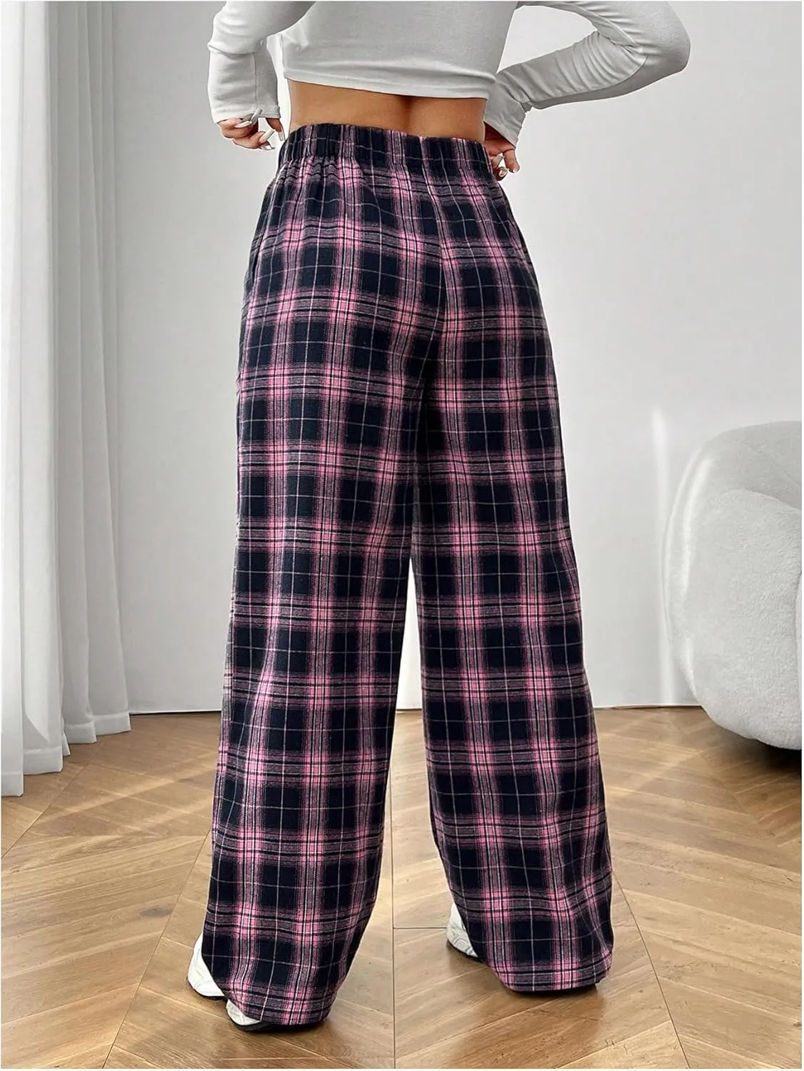 Milumia Women's Plaid Print Drawstring Wide Leg Pants Loose Fit Athletic Casual Trousers