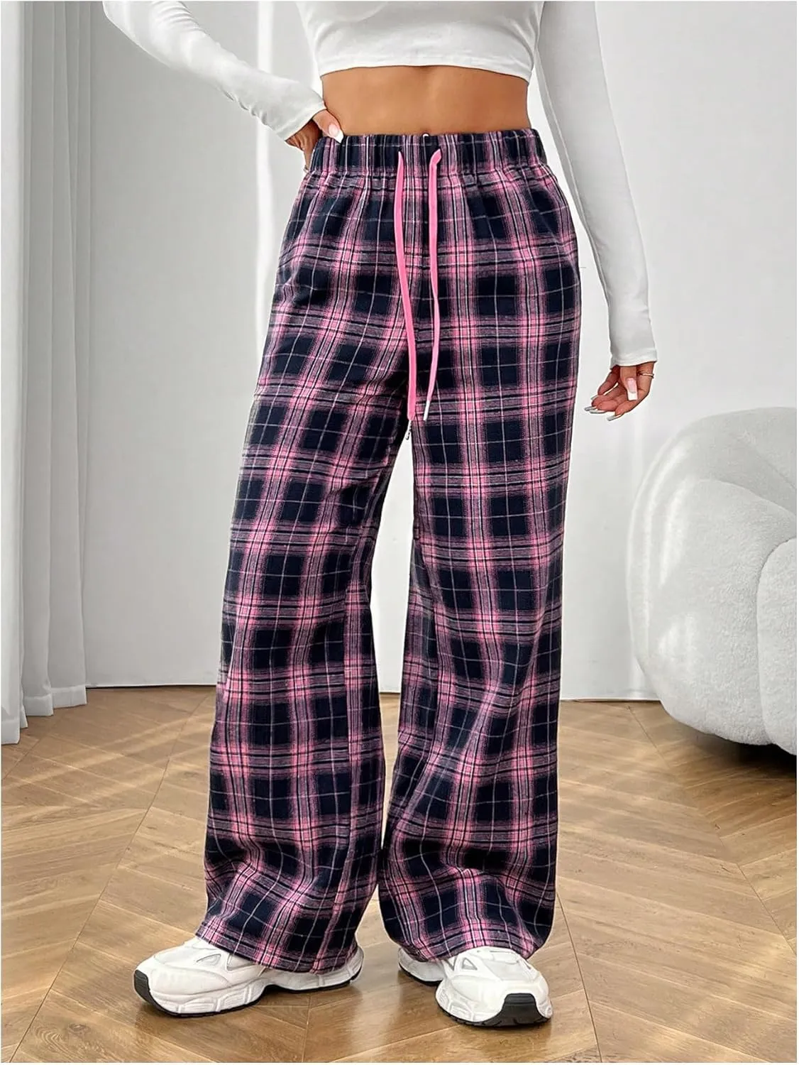 Milumia Women's Plaid Print Drawstring Wide Leg Pants Loose Fit Athletic Casual Trousers