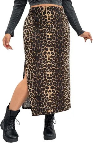 Milumia Women's Plus Size Leopard Print Split Side High Rise Bodycon Long Skirt