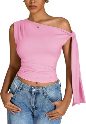 Milumia Women's Ruched Off One Shoulder Tops Y2K Asymmetrical Tie Shoulder Tank Top