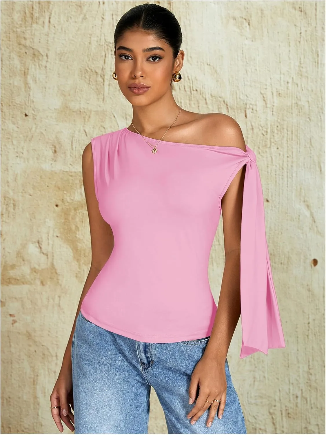 Milumia Women's Ruched Off One Shoulder Tops Y2K Asymmetrical Tie Shoulder Tank Top