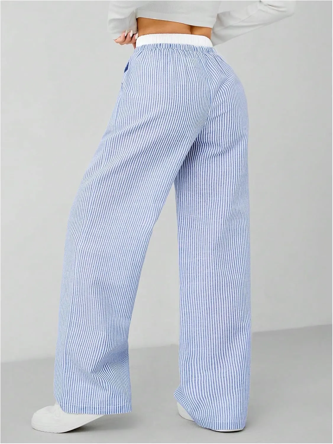 Milumia Women's Striped Drawstring Wide Leg Pants Elastic High Waist Loose Trousers