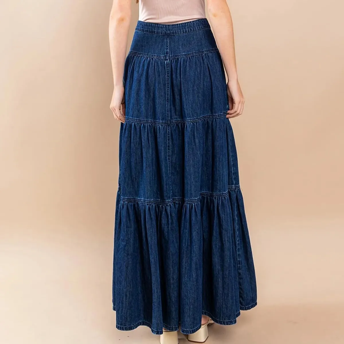 Mxiqqpltky Womens Maxi Denim Tiered Skirt Casual High Waisted Ruffle A Line Swing Jean Skirt Y2K Loose Pleated Flare Skirts