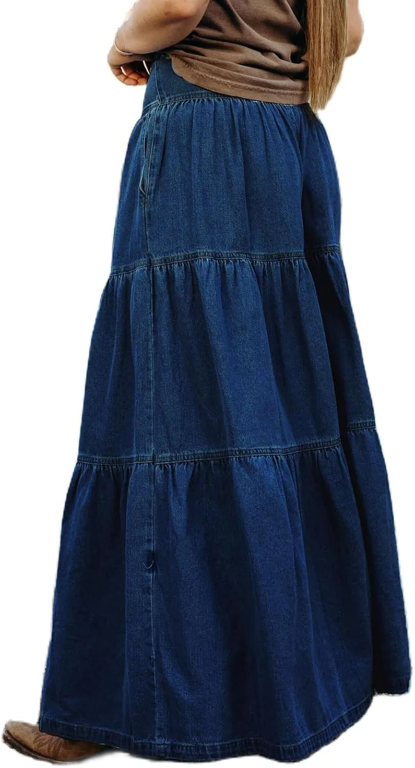 Mxiqqpltky Womens Maxi Denim Tiered Skirt Casual High Waisted Ruffle A Line Swing Jean Skirt Y2K Loose Pleated Flare Skirts