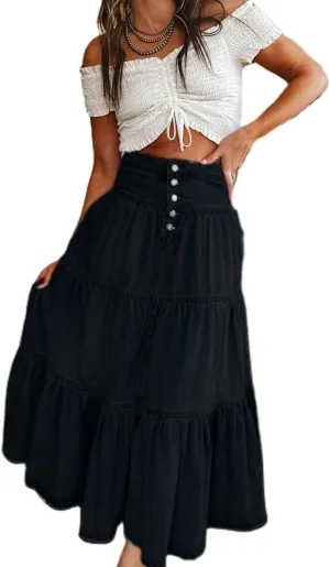 Mxiqqpltky Womens Maxi Denim Tiered Skirt Casual High Waisted Ruffle A Line Swing Jean Skirt Y2K Loose Pleated Flare Skirts