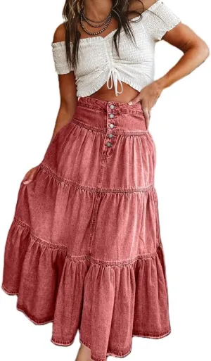 Mxiqqpltky Womens Maxi Denim Tiered Skirt Casual High Waisted Ruffle A Line Swing Jean Skirt Y2K Loose Pleated Flare Skirts