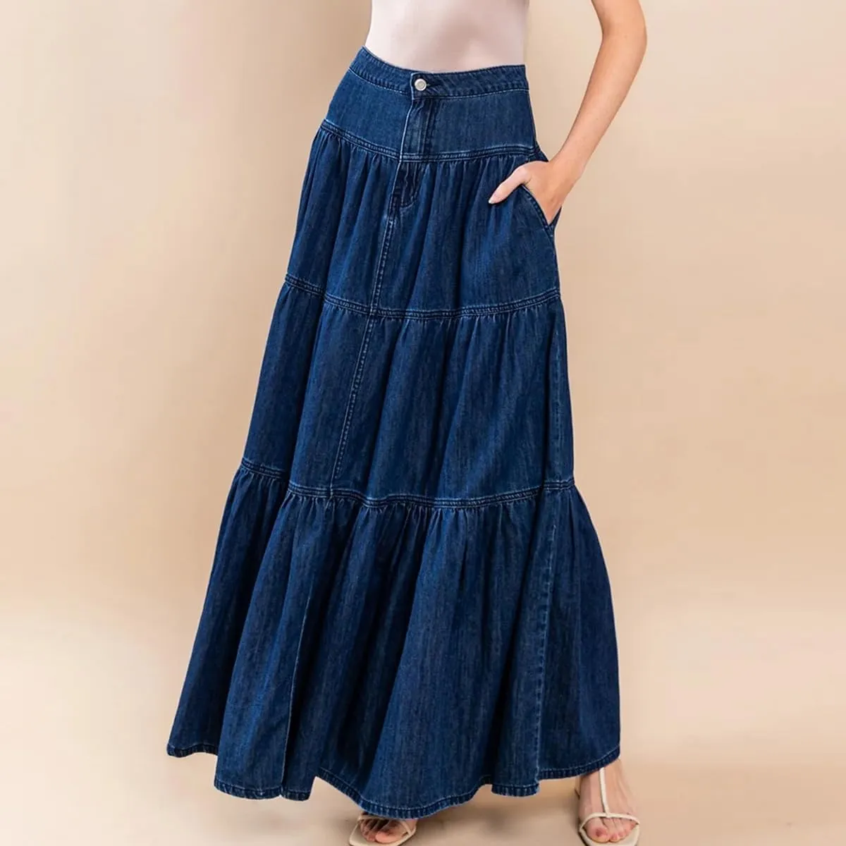 Mxiqqpltky Womens Maxi Denim Tiered Skirt Casual High Waisted Ruffle A Line Swing Jean Skirt Y2K Loose Pleated Flare Skirts