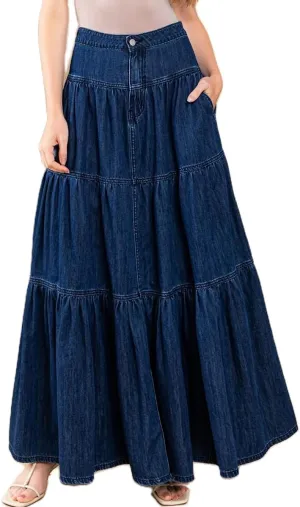 Mxiqqpltky Womens Maxi Denim Tiered Skirt Casual High Waisted Ruffle A Line Swing Jean Skirt Y2K Loose Pleated Flare Skirts