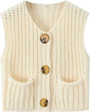 Naggoo Womens Crochet Chunky Knit Top Trendy Cardigan Sweater Vest Sleeveless Button Down Crop Tops for Women with Pockets