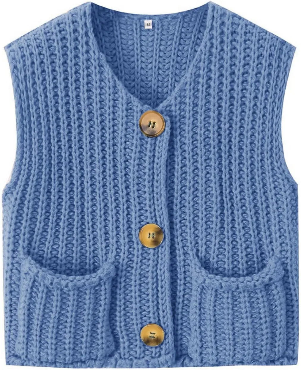 Naggoo Womens Crochet Chunky Knit Top Trendy Cardigan Sweater Vest Sleeveless Button Down Crop Tops for Women with Pockets