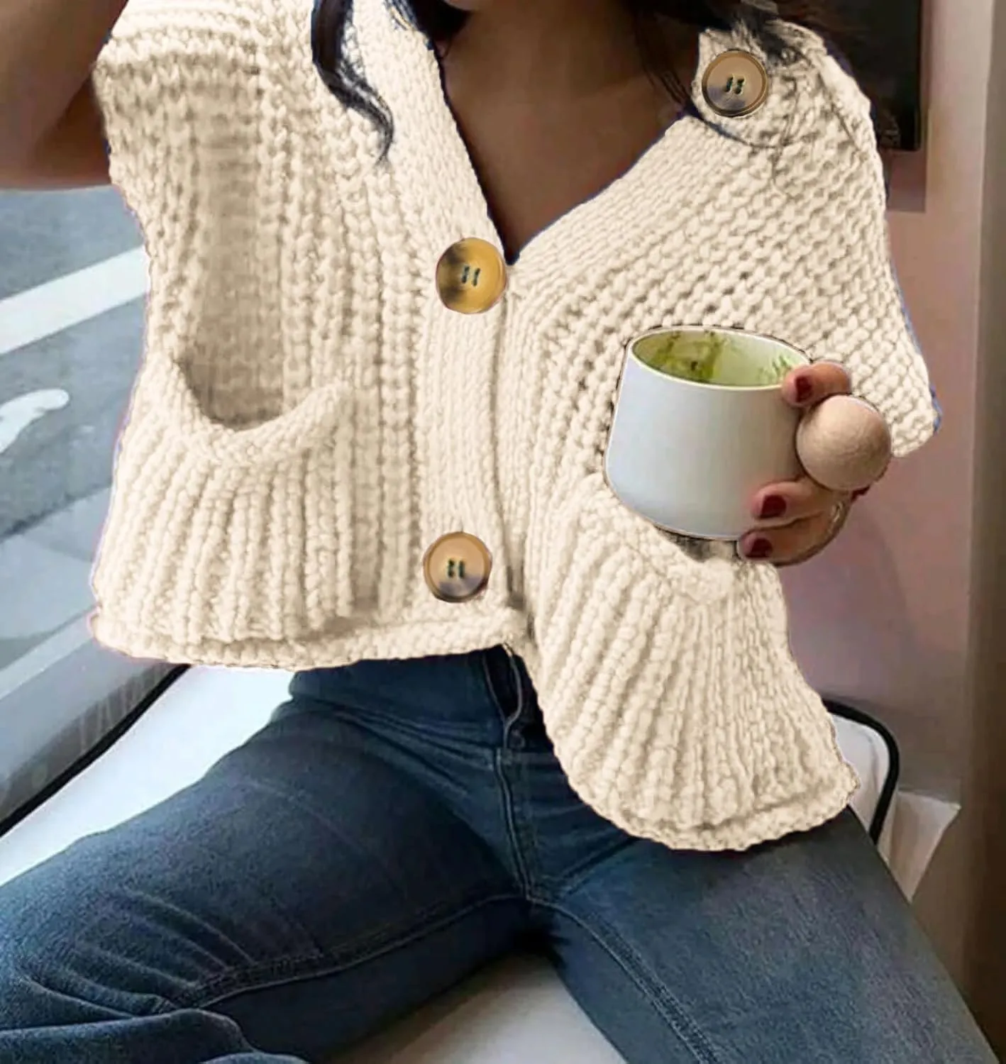 Naggoo Womens Crochet Chunky Knit Top Trendy Cardigan Sweater Vest Sleeveless Button Down Crop Tops for Women with Pockets