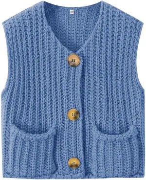 Naggoo Womens Crochet Chunky Knit Top Trendy Cardigan Sweater Vest Sleeveless Button Down Crop Tops for Women with Pockets