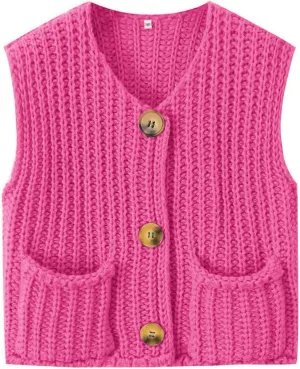 Naggoo Womens Crochet Chunky Knit Top Trendy Cardigan Sweater Vest Sleeveless Button Down Crop Tops for Women with Pockets