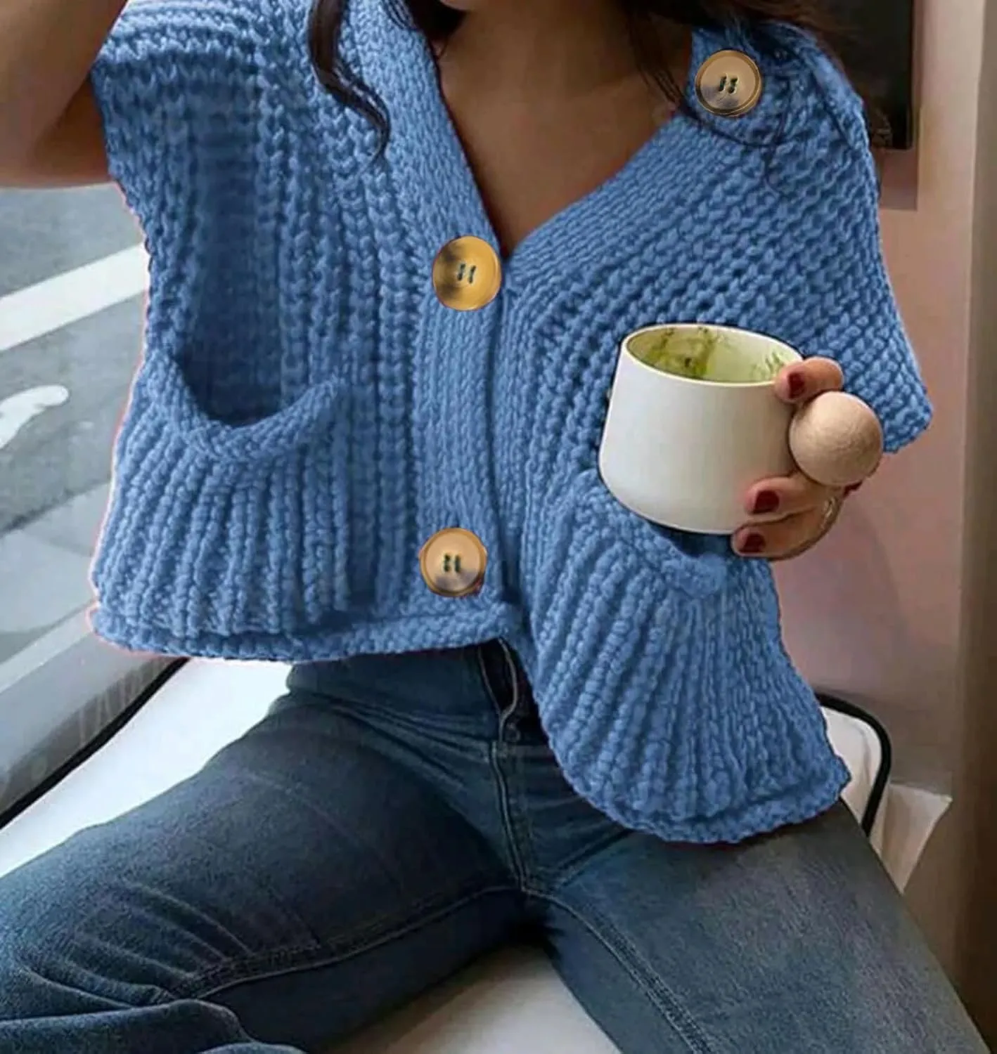 Naggoo Womens Crochet Chunky Knit Top Trendy Cardigan Sweater Vest Sleeveless Button Down Crop Tops for Women with Pockets